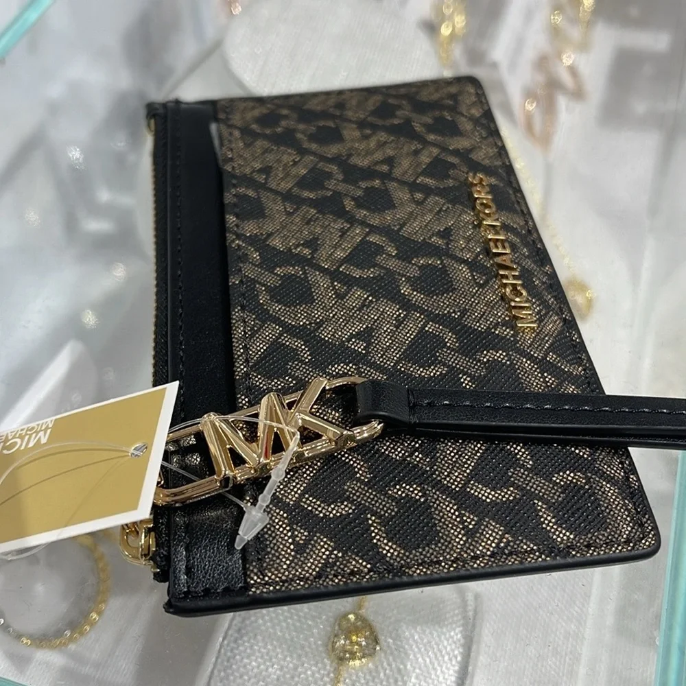 Michael Kors Empire Small Metallic Card Case COLOR BLACK/PALE GOLD NWT
